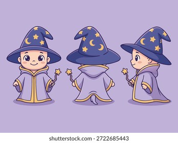 Um charmoso personagem de bebê vestido como um bruxo, mostrado de vários ângulos.