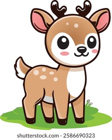 A charming baby deer with big, sparkling eyes and tiny antlers, standing on a grassy patch. Perfect for children's books, nursery decor, greeting cards, and more. Download now to add a touch of cutene