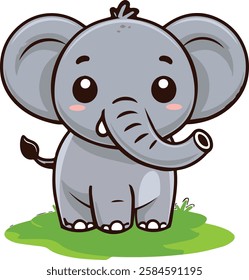 A charming baby elephant with big, expressive eyes and a sweet smile, standing on a grassy patch. Perfect for children's books, nursery decor, greeting cards, and kids' apparel