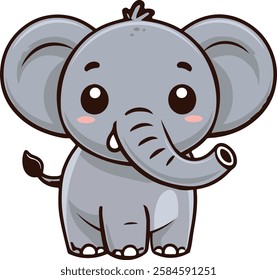 A charming baby elephant with big, expressive eyes and a sweet smile, standing on a grassy patch. Perfect for children's books, nursery decor, greeting cards, and kids' apparel