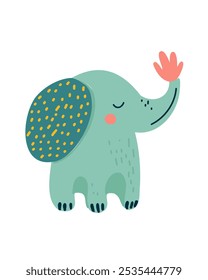 Charming baby elephant in soft pastel tones with its trunk raised, vector illustration for nursery decor and toys