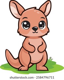 
A charming baby kangaroo with big, sparkling eyes, standing on a grassy patch. Perfect for children's books, nursery decor, greeting cards, and more. Download now to add a touch of cuteness!