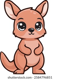 A charming baby kangaroo with big, sparkling eyes, standing on a grassy patch. Perfect for children's books, nursery decor, greeting cards, and more. Download now to add a touch of cuteness!