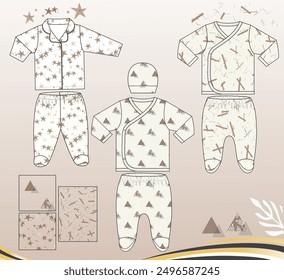 Charming baby pajamas set featuring playful star, trendy triangle, and abstract patterns. Perfect for infant clothing, fabric design, and creative projects needing a cute and stylish touch.