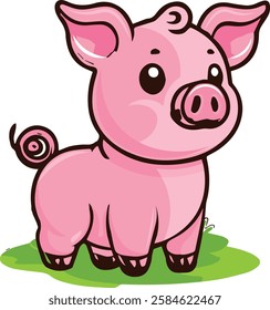 A charming baby pig with big, expressive eyes, standing on a grassy patch. Perfect for children's books, nursery decor, and more. Download now for a touch of cuteness!