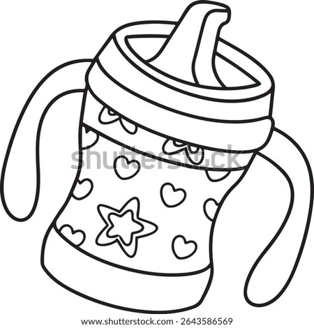 Charming Baby Sippy Cup Illustration A delightful black and white drawing of a sippy cup adorned with hearts and a star, perfect for baby themed projects