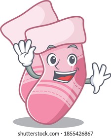 A charming baby socks mascot design style smiling and waving hand
