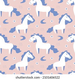 Charming baby texture with horses. Pattern with ponies. Background of stars. Delicate girlish pale pink seamless print with white young filly. Cute lilac animal mane. Flat organic handwritten style.