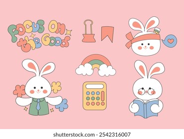 Un encantador conjunto de Clipart de regreso a la escuela, adorable personaje de conejo con tema de Educación, cita motivacional de elemento aislado, calculadora, arco iris y útiles escolares.