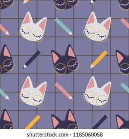 Charming 'back to school' vector pattern with cute studying cats and pencils on checkered lilac background. Great for stationery or school related designs, fabrics, baby and childrens clothing etc.