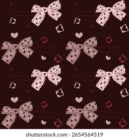 Charming background features a pattern of hearts and coquette bows against a deep brown backdrop with a romantic feel. For textiles prints