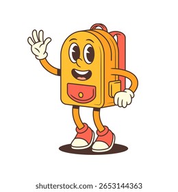 Charmoso personagem mascote mochila está acenando com um largo sorriso aberto, radiando capacidade de aproximação e calor. Ótimo para educação, branding ou projetos infantis. ilustração vetorial