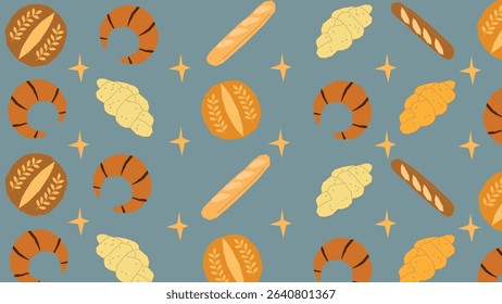 Charming bakery layout with croissants, baguettes, round bread and sparkles on a blue grid background, perfect for baking or breakfast-themed projects.