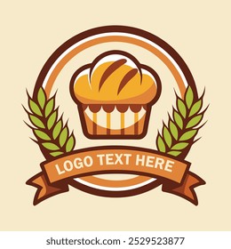 A charming bakery logo with a stylized bread loaf, wheat stalks, rolling pin, and soft pastel colors, exuding warmth.