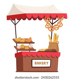 Charming Bakery Stall Kiosk, Adorned With A Welcoming Canopy, Showcases An Array Of Freshly Baked Goods, Pastries and Sweets, Inviting Passersby With Its Aromatic Allure. Cartoon Vector Illustration