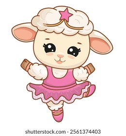 Charming ballerina. Sheep in a ballerina costume dancing. Sheep in a dress and pointe shoes, with a crown on her head. Vector illustration for a poster, greeting card and design for children.