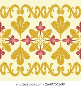 Charming Baroque Art Deco Abstract Nature Inspired Curly Scroll Ornament Seamless Border Pattern with Red Gold on Light Yellow Background. Delicate Deluxe Luxury Autumn Mattress Carpet Fashion Clothes