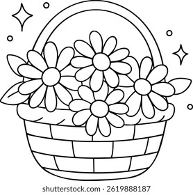 A charming basket filled with blooming flowers, perfect for coloring and creativity