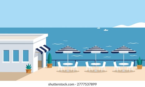 A charming beachside cafe with outdoor seating, umbrellas, and a clear blue ocean backdrop.