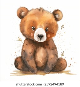 Um filhote de urso encantador senta-se calmamente com sua face redonda e pelo fofo. Em torno dele é um fundo de aquarela delicado preenchido com cores suaves, reforçando sua presença adorável