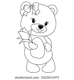 A charming bear with a flower in his hands. Coloring page for children. Print it out and bring it to life with color. Happy Valentine's Day. Vector illustration.