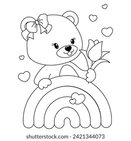 A charming bear on a rainbow with a flower in his hands. Coloring page for children. Print it out and bring it to life with color. Happy Valentine's Day. Vector illustration.