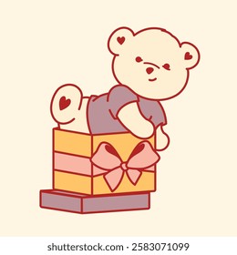 Charming bear peeks out of a gift box with a playful expression. Funny and colorful design for birthday stickers, prints, or party invitations, children's products, nursery art, festive decorations