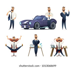 Charming beard businessman collection. Sucessfull man character. Set of Business man character in different situations.