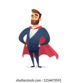 Charming bearded businessman wearing a superhero cloak. Manager is a hero. Modern flat character design