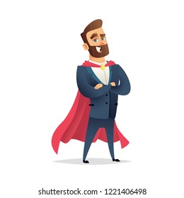 Charming bearded businessman wearing a superhero cloak. Manager is a hero. Modern flat character design