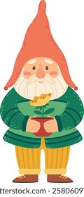 Charming bearded gnome wearing a pointed hat and a green sweater is gently holding a small terracotta pot containing a single yellow flower, showcasing a love for gardening and nature