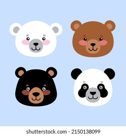 Los osos encantadores: blanco, marrón, negro, panda. Conjunto de retratos de animales bonitos de estilo plano. Ilustración vectorial.