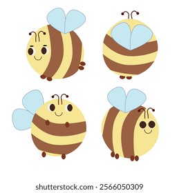 Charming bee characters with playful expressions and poses, vibrant, minimalist cartoon style