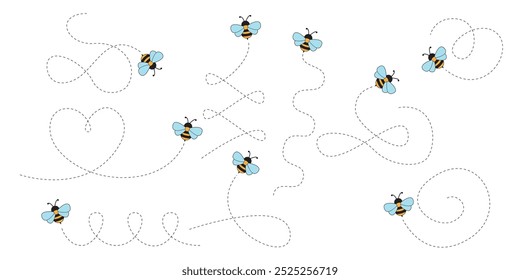 Abelhas Encantadoras Zumbando Pela Tela. Trilhas pontilhadas lúdicas formando espirais, laços e um design em forma de coração