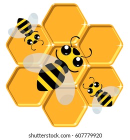 Charming bees sit on the honeycomb. Flat illustration