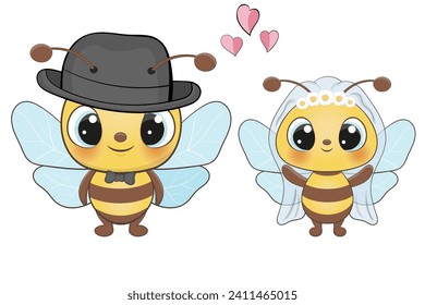 Charming bees in wedding attire. Perfect illustration for t-shirt wear fashion print design, cards, baby shower, party invitation and much more. Cute bee characters  