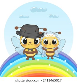 Charming bees in wedding attire. Perfect illustration for t-shirt wear fashion print design, cards, baby shower, party invitation and much more. Cute bee characters  