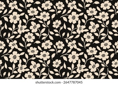 Charming beige floral pattern with hand-drawn flowers and leaves on a black background. A t