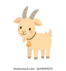 Charming beige goat cartoon with curved horns, tiny beard, and orange bell collar. Ideal for farm scenes and rustic animal artwork.
