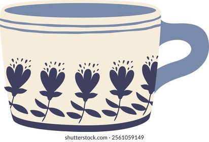 Charming beige mug featuring a delicate blue floral pattern and a sturdy handle, ideal for savoring warm beverages like coffee or tea during cozy mornings at home