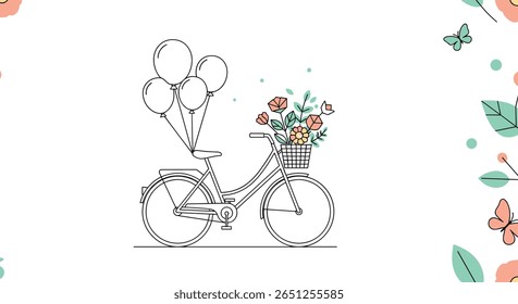 Charmosa ilustração de bicicleta com balões e flores para seus projetos de design