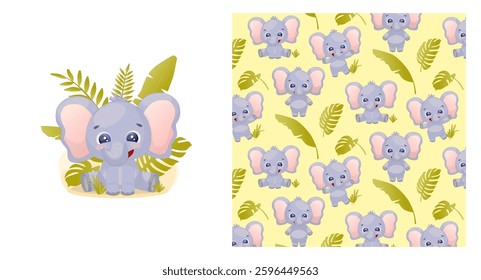 A charming big-eared elephant baby sits on a background of tropical leaves. This fun vector design is a seamless pattern perfect for fabric, linens, wrapping paper and t-shirt prints, invitations.