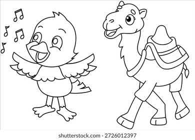 Arte encantador de la línea del pájaro y del camello para los niños para colorear