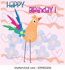 charming bird with flowers and hearts and happy birthday inscription vector illustration