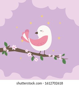 Charming bird on the branch with leaf and flowers concept.