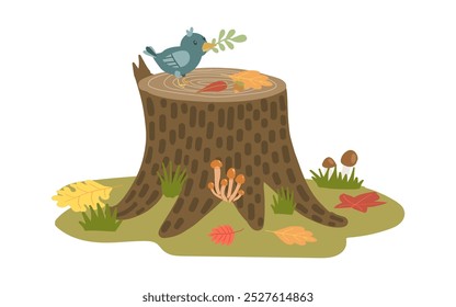 A charming bird perched on a tree stump surrounded by mushrooms and autumn leaves. Perfect for nature, woodland, or fall-themed illustrations.