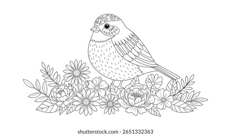 Charming bird resting among delicate flowers a simple line drawing illustration for nature lovers