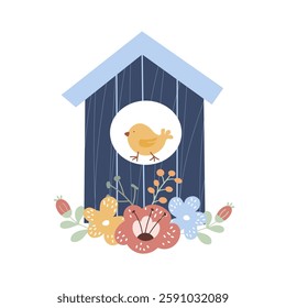 A charming birdhouse painted in blue and wooden tones with colorful flowers in various shapes. Design element for greeting card, festive decorations for Easter and spring season