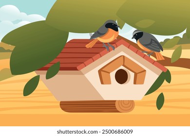 Charming birdhouse with a red roof, hanging from a tree branch with common redstart birds. Birdhouse triangular design with a round entrance and a small perch. Cozy home for birds. Vector illustration