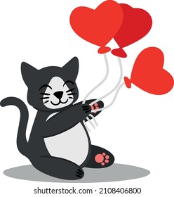 Charming black cat with balloons in form of hearts. Vector illustration isolated on white background. Image can be used as thematic design element in holiday cards stationery menus clothing sites.